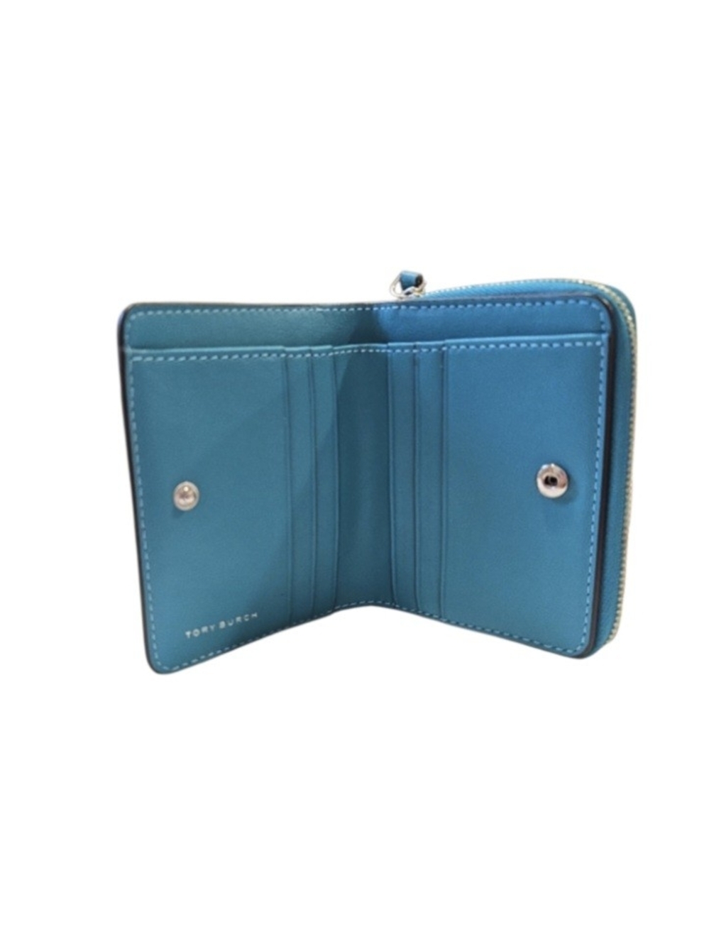 Tory Burch Teal Leather Zip Card Case with Logo Medallion EUC - Picture 8 of 12